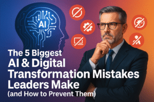 Business executive reviewing AI and digital transformation challenges with icons representing common leadership mistakes.